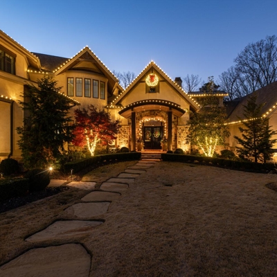 Holiday lighting on this Suwanee, GA home with wreaths and roofline lighting Photo